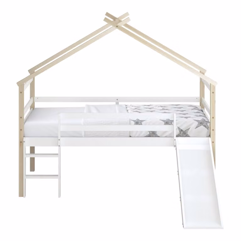 Cama infantil Sunny de madera de pino con tobogán y estructura de casa en marrón y blanco, An/P/Al: 213 x 186 x 183 cm