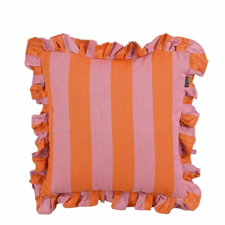 Cojín decorativo cuadrado de Mica Decorations con diseño de rayas en colores morado y naranja, fabricado en algodón, An/An/Al: 45 x 45 x 10 cm