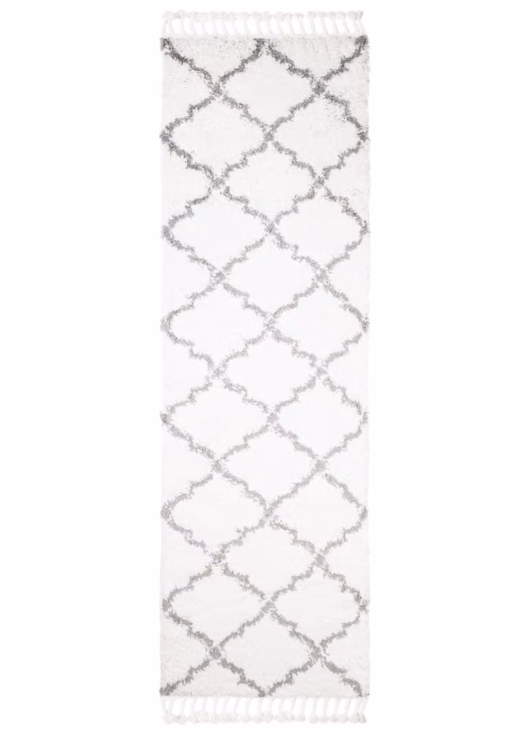Alfombra de pasillo Tapiso estilo marroquí boho con flecos, colores beige, gris y blanco, An/P: 100 x 400 cm
