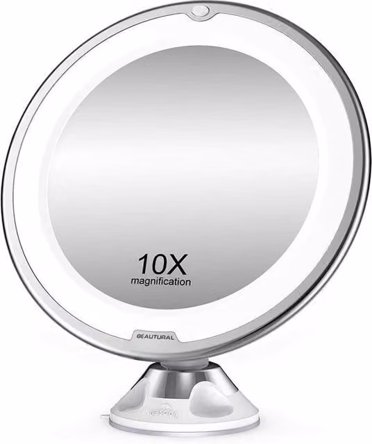 Espejo de maquillaje ODIPIE con aumento de 10x, luces LED y rotación ajustable de 360 grados, diseño redondo en color blanco o gris con fijación adhesiva