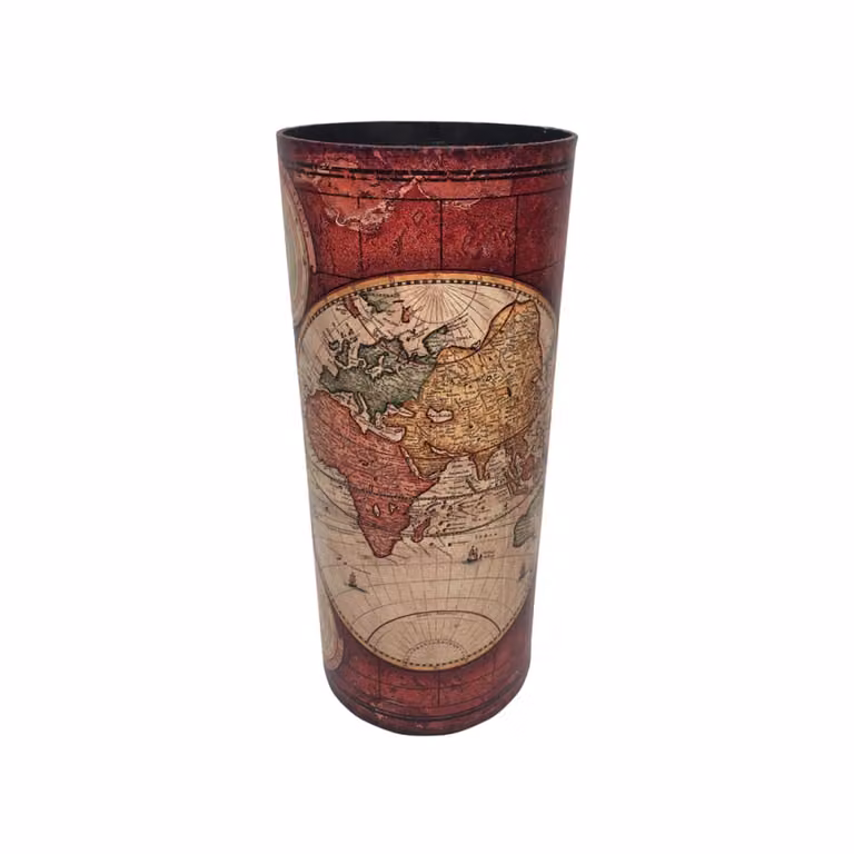 Paragüero de madera Mobili Rebecca con diseño de mapa del mundo en lona beige y rojo con bandeja extraíble