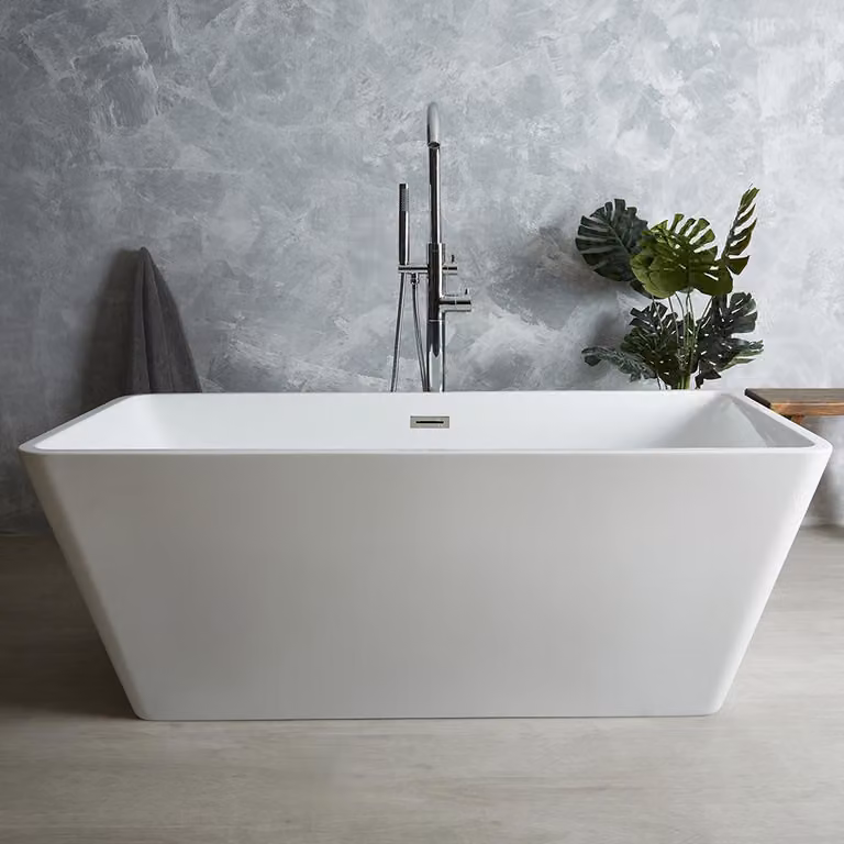 Bañera exenta moderna Sandford de diseño cuadrado en color blanco con doble respaldo y rebosadero cromado, An/P/Al: 150 x 75 x 58 cm
