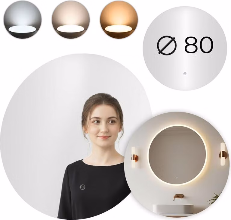 Espejo de baño redondo Northio con luz LED y control táctil, Diámetro: 80 cm