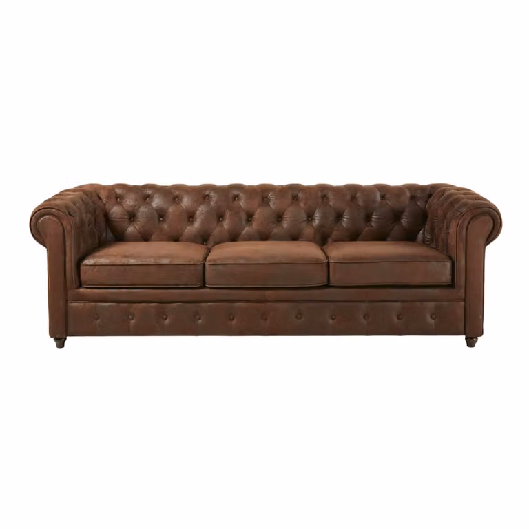 Sofá cama de 3 plazas Maison du Monde en estilo Chesterfield con efecto piel marrón y estructura de madera sólida