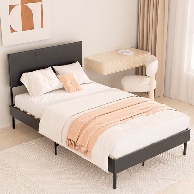 Cama tapizada Jiubiaz con espacio de almacenamiento, iluminación LED y cabecero de cuero sintético negro, An/P/Al: 140 x 200 cm