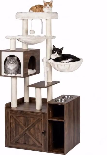 Árbol rascador para gatos Relaxdays con armario para arenero, comedero, hamaca y postes de sisal, efecto madera blanco industrial, Al 144 x An 71 x P 45,5 cm