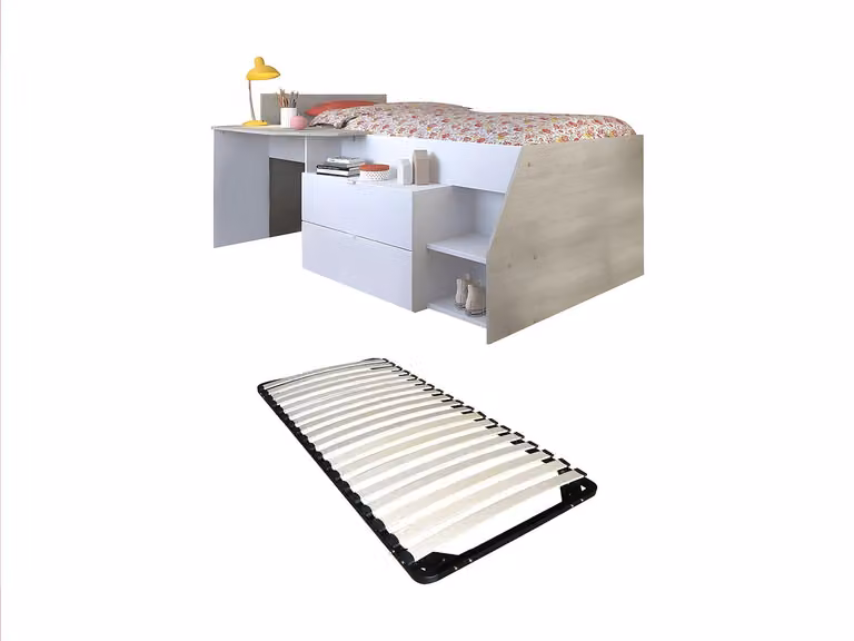 Cama elevada Gisele con escritorio y cajones en blanco y beige, An/P/Al: 90 x 200 x 208 cm