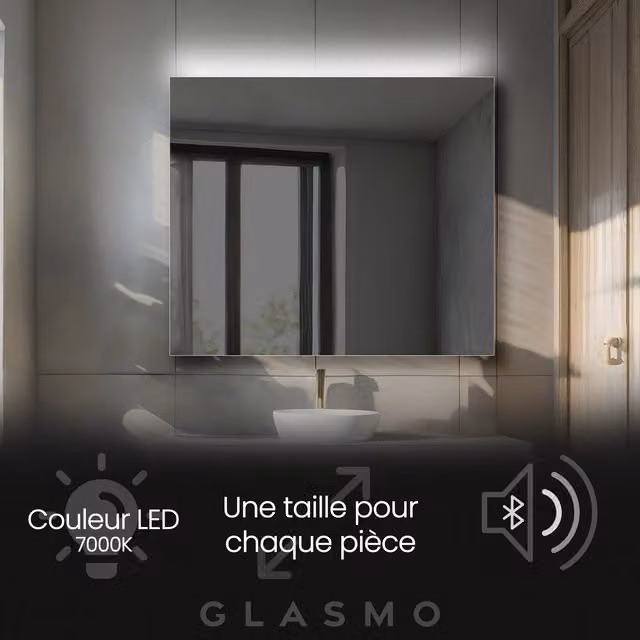 Espejo de baño moderno con iluminación LED y altavoz Bluetooth ARTFORMA, An/Al: 80 x 90 cm, color blanco