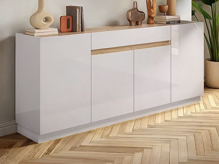 Aparador moderno para salón y comedor LC Mobili en blanco brillo y roble, An/P/Al: 212 x 40 x 87 cm