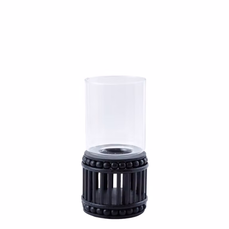 Portavelas moderno Sia Deco de ratán y cristal negro para mesa, Altura: 31 cm