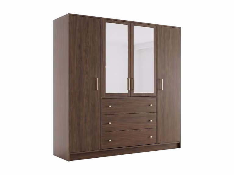 Armario LIZANDRO de 4 puertas y 3 cajones con espejos, color marrón y dorado, An: 196 cm, Al: 200 cm, P: 58 cm