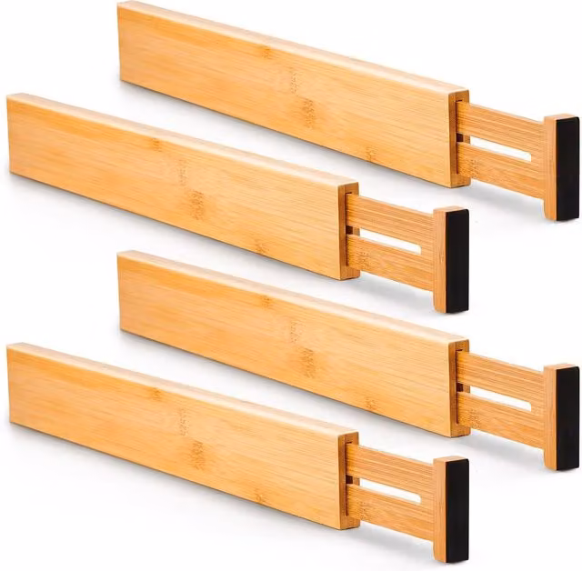 Juego de 4 separadores de cajones ajustables REDROAD de bambú en color beige y marrón para cocina, dormitorio, baño u oficina
