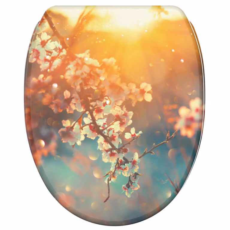 Asiento de inodoro SANILO con diseño de flor de cerezo, cierre suave y sistema de fijación rápida, forma ovalada y acabado mate en madera multicolor
