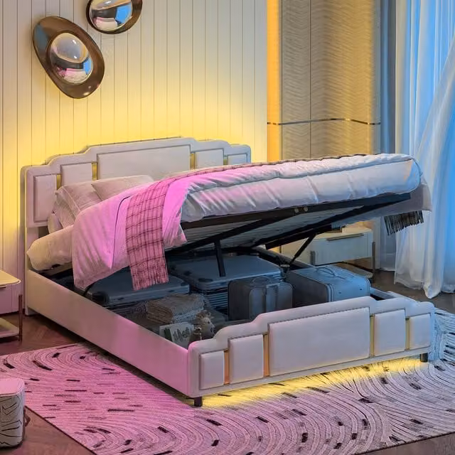 Cama Doble Tapizada UWVERANTHROPY de Terciopelo con Almacenamiento Hidráulico, Iluminación LED, Puerto USB y Control por Aplicación, An/P: 160 x 200 cm, Acabado Dorado y Beige