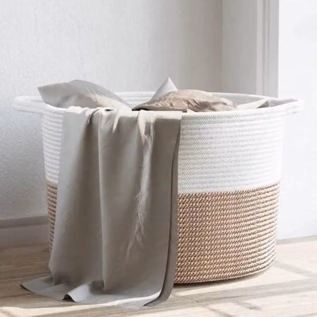 Cesto de ropa sucia con asas y diseño plegable Vidaxl en color marrón y blanco de algodón y poliéster