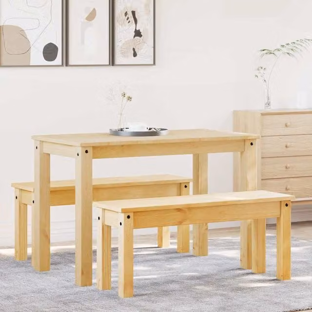 Juego de comedor Panama de Maison Exclusive con mesa rectangular y 2 bancos de madera de pino maciza en color marrón