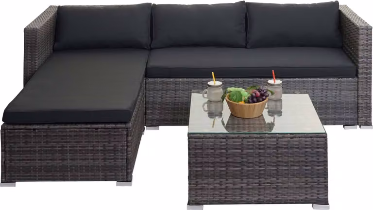 Juego de muebles de jardín y terraza Mendler en polirratán y metal color gris con mesa de cristal y cojines gris oscuro An/P/Al: 197 x 70 x 63 cm