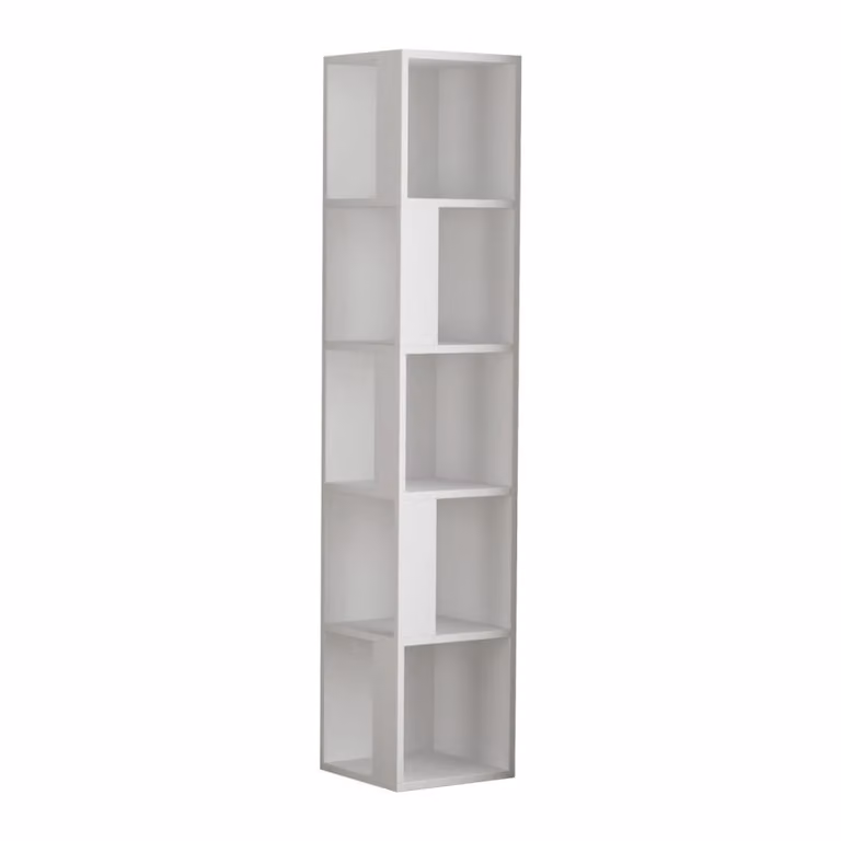 Estantería de esquina Menzzo de 5 estantes en color blanco con acabado mate y diseño moderno para salón u oficina, Altura: 161 cm, Ancho: 34 cm, Profundidad: 34 cm