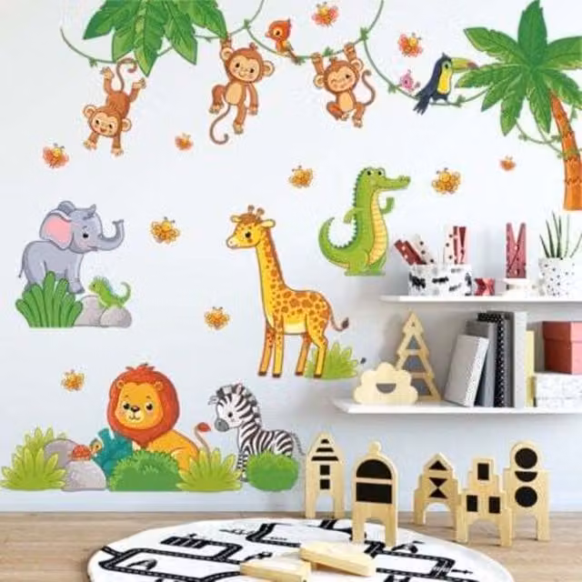 Pegatinas de pared de animales de la selva Decalmile multicolor para decoración de habitaciones infantiles y de bebés