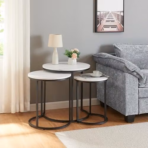 Conjunto de 3 mesas nido Ulricehamn en.casa de diseño moderno con acabado mármol en blanco y negro
