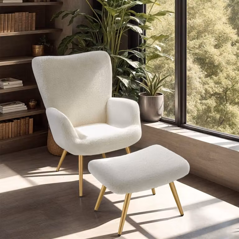 Sillón de diseño escandinavo TecTake tapizado en tejido bouclé color beige y dorado con estructura de metal y reposapiés incluido An/P/Al: 76 x 72 x 100,5 cm