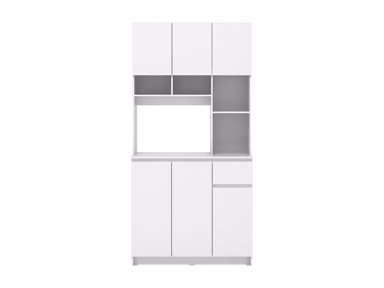 Aparador de cocina moderno NIZALI en color blanco con 6 puertas, 1 cajón y 5 estantes internos An/P/Al: 181.4 x 39.9 x 89.6 cm