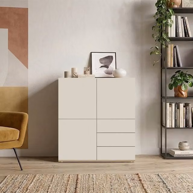 Aparador moderno de madera de roble en tonos beige y marrón An/P/Al: 102 x 35 x 110 cm