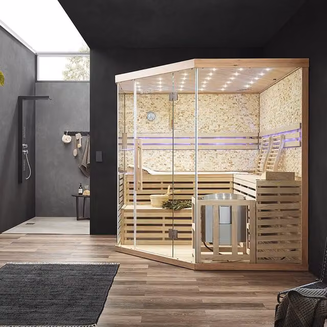 Sauna tradicional Home Deluxe SKYLINE BIG XL con pared de piedra artificial, madera marrón, capacidad para 6 personas, An/P: 200 x 200 cm