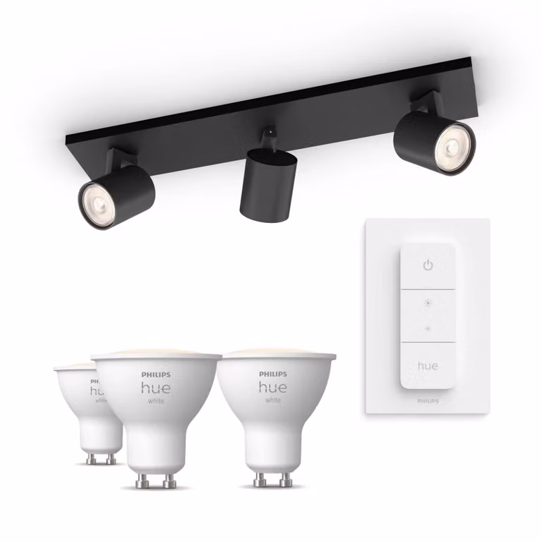 Pack Philips Hue con 3 focos Runner negros, 3 bombillas LED GU10 de luz blanca cálida y mando a distancia