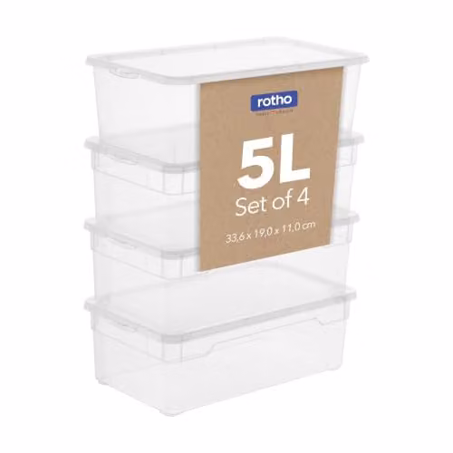 Juego de 4 cajas de almacenamiento Rotho Clear con tapa, transparentes, de 5 l cada una, An/P/Al: 33.0 x 19.0 x 11.0 cm