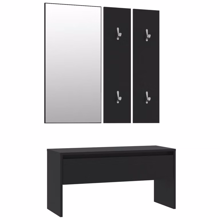 Juego de muebles de recibidor vidaXL de estilo minimalista en color negro con banco, espejo, panel y zapatero de madera de ingeniería y MDF