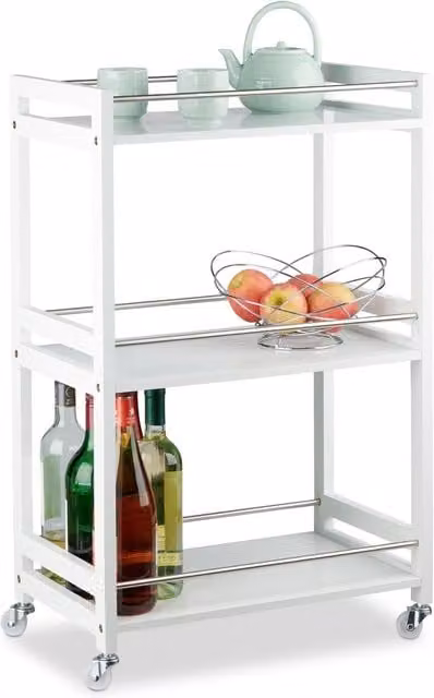 Carrito de servicio de 3 niveles NORTHIO de metal y madera en color blanco con acabado mate y ruedas para cocina de estilo moderno