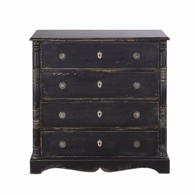 Cómoda de 4 cajones Maison du Monde en abeto macizo y MDF negro con detalles dorados