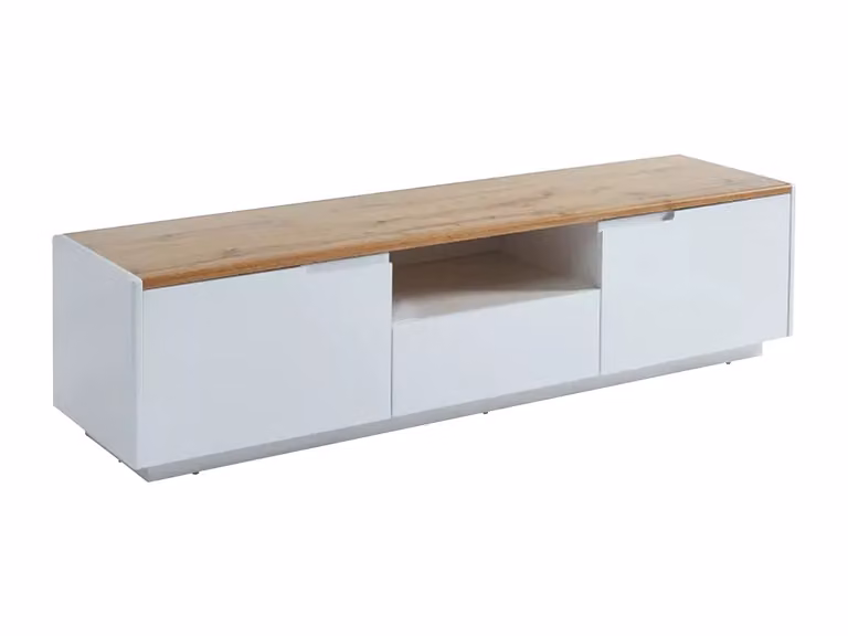 Mueble de TV AMANI de la marca VENTE-UNIQUE con 2 puertas y 1 cajón con cierre suave, fabricado en MDF lacado de color blanco, An/P/Al: 160 x 40 x 40 cm