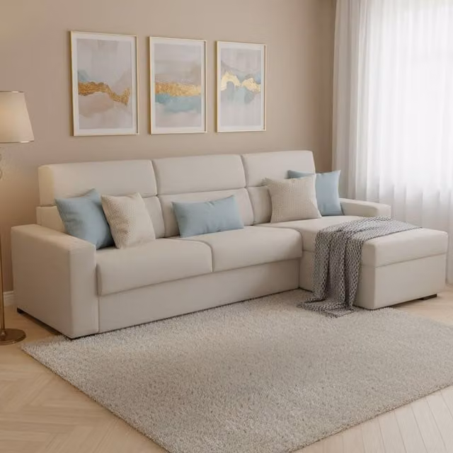 Sofá cama con chaise longue Celleno en color beige, con fundas desmontables, almacenaje y función de cama, An/P/Al: 280 x 160 cm