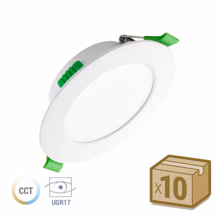 Pack de 10 downlights LED Kramfor de Ledbox de 7W, color blanco, con tecnología 3CCT (3000-4000-6000K) y UGR17 para empotrar