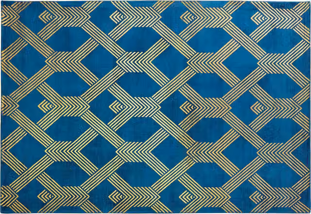 Alfombra Beliani de Viscosa y Algodón con Estampado Geométrico Dorado en Azul, Estilo Glamour Moderno, An/P: 160 x 230 cm