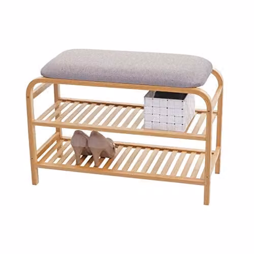 Mendler Banco zapatero HWC-F72 con asiento acolchado de tela en gris y marrón, fabricado en bambú y madera, An/P/Al: 70 x 50 x 30 cm