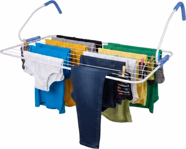 Tendedero colgante plegable para radiador y balcón Relaxdays de acero y plástico, Blanco/Azul, An/P/Al: 29 x 105 x 55 cm