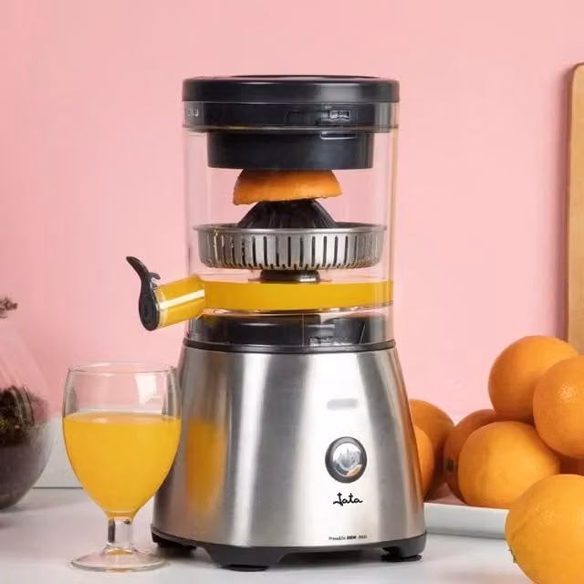 Exprimidor automático de cítricos Jata JEEX1616 de 300W en color gris y plata con acabado en acero inoxidable