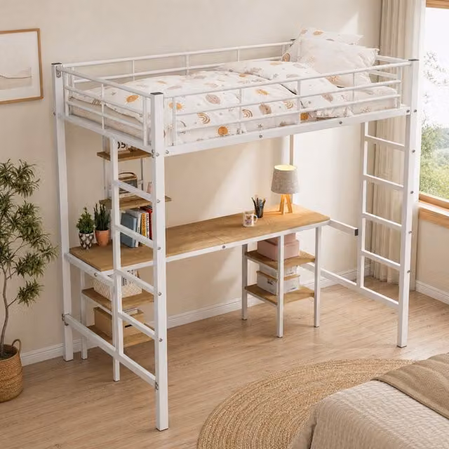 Litera infantil MODENVIE de metal y MDF con escritorio, estantería y escalera, An/P/Al: 204.5 x 90 x 120 cm, blanco