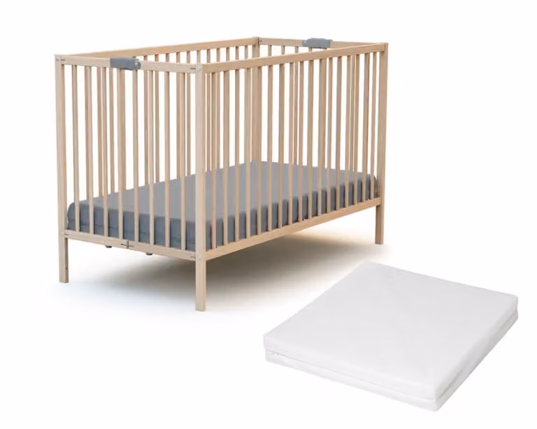 Cama de bebé plegable Webaby de madera de haya con colchón, An/P/Al: 124 x 64,5 x 60 cm