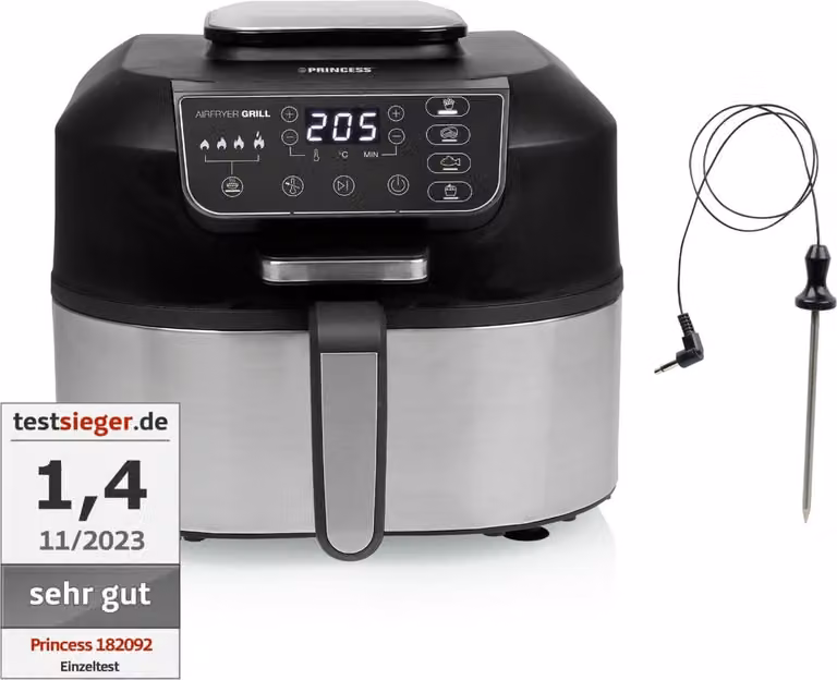 Freidora de aire Princess con pantalla digital, 5,6 litros, hasta 265 °C, color negro y plateado