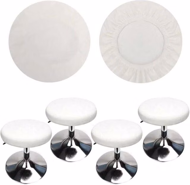 Pack de 4 fundas redondas elásticas para taburete TEHTUY en color blanco, fabricadas en tela de terciopelo lavable con diámetro de 30-40 cm