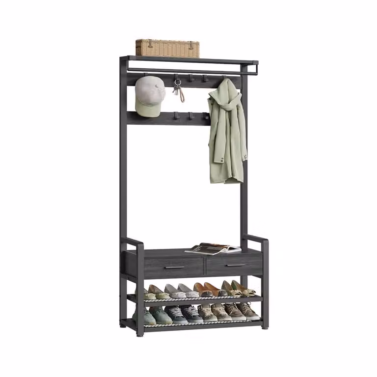 VASAGLE Perchero Recibidor con Banco Zapatero, 10 Ganchos y 2 Cajones, Diseño Industrial, Gris y Negro, An/P/Al: 80,4 x 30 x 181,6 cm