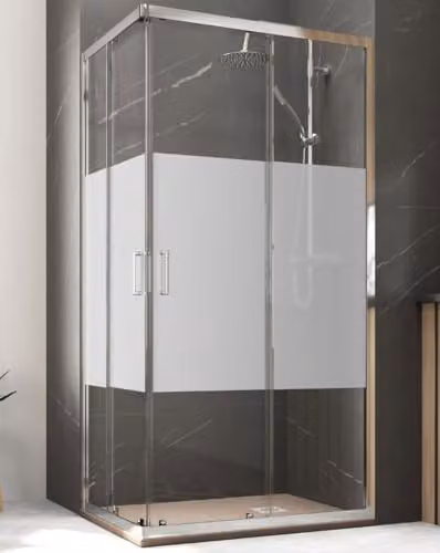 Mampara de ducha rectangular angular B BAÑO TOTAL con cristal templado de 5mm, diseño corredera de 2 puertas y 2 fijos con serigrafía, perfil cromo, An/P/Al: 80 x 70 x 190 cm (adaptable 76,5-78,5 cm)