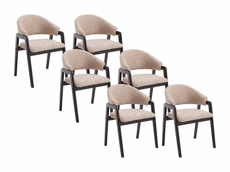 Conjunto de 6 sillas con reposabrazos SOLUNA en tela bouclé y madera de hevea, color topo y negro