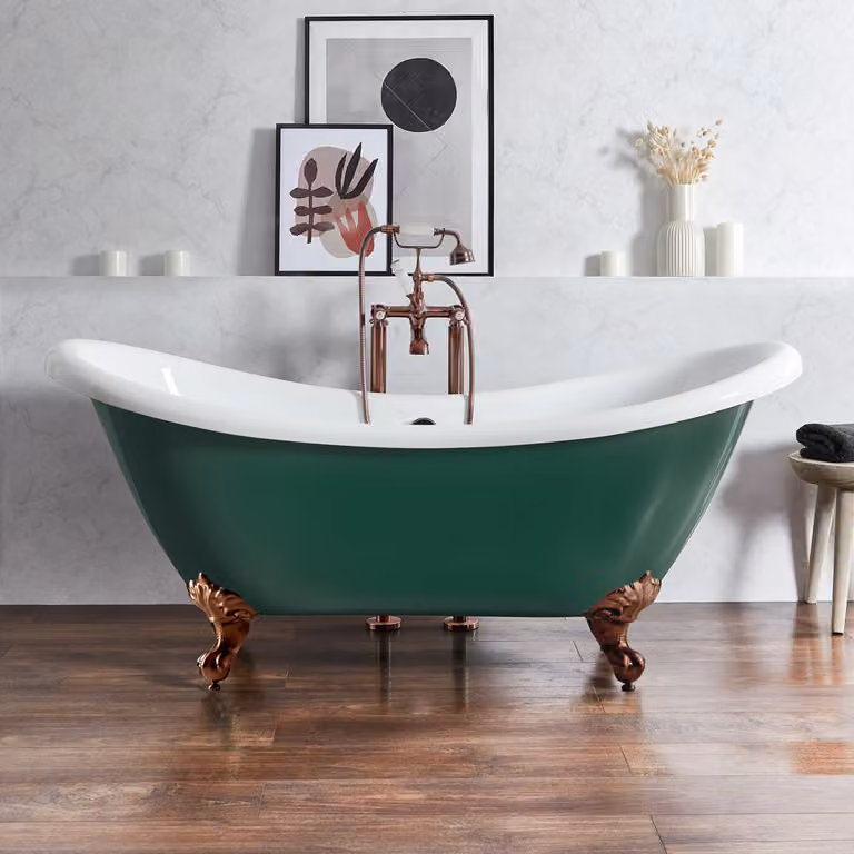 Bañera exenta tradicional Hudson Reed de color verde con patas de cobre satinado y forma ovalada, An/P/Al: 175 x 73 x 77 cm