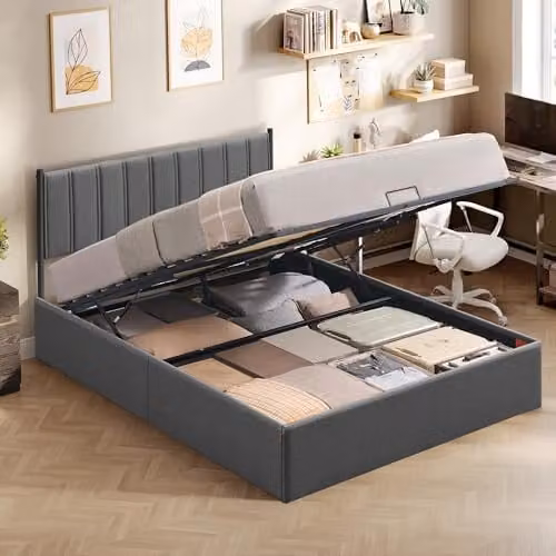 Canapé abatible VASAGLE con almacenaje y cabecero acolchado para dormitorio, diseño moderno en color gris, An/P/Al: 160 x 200 cm