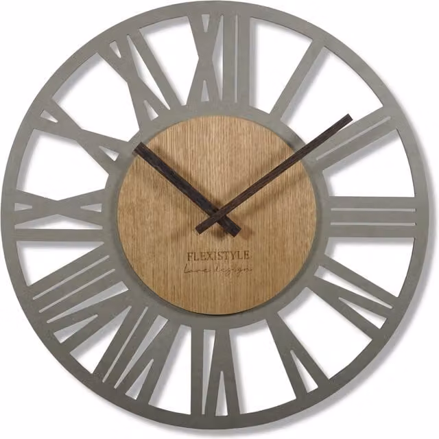 Reloj de pared analógico moderno Flexistyle de madera, redondo y silencioso, color gris, Diámetro: 50 cm